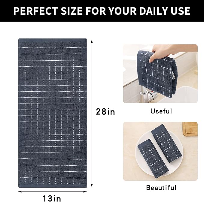 Homaxy 100% Cotton Terry Kitchen Towels(Dark Grey, 13 x 28 inches), Checkered Designed, Soft and Super Absorbent Dish Towels, 4 Pack
