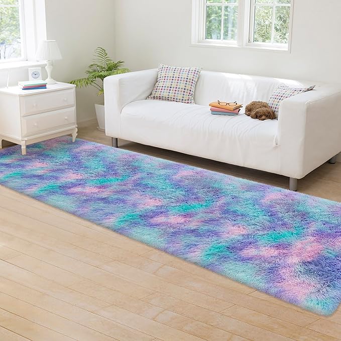 Super Soft Fluffy Living Room Area Rug 2x8 ft Purple Rainbow Tie-Dyed Shaggy Furry Carpet Washable Non-Slip Carpets Bedroom Bedside Nursery Rug Cute Colorful Room Decor for Girls