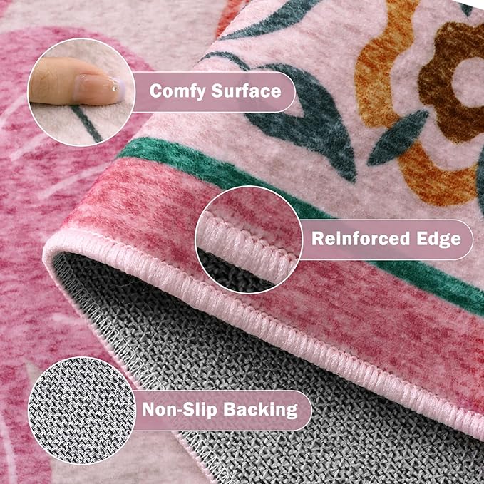 Beeiva Pink 6x9 Area Rugs, Floral Washable Dining Room Rug for Living Room Ultra-Thin, Non Slip Low Pile Indoor Flower Carpet for Girl Nursery Dorm Room Kids Playroom Classroom Decor (Pink,6'x9')