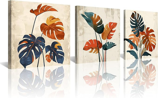 NAN Wind 3Pcs Modern Mid-century Abstract Tropical Monstera Leaf Canvas Art Orange and Blue Botanical Wall Print Minimalist Wall Decor Tropical Leaves Framed Wall Art for Contemporary Home Decor