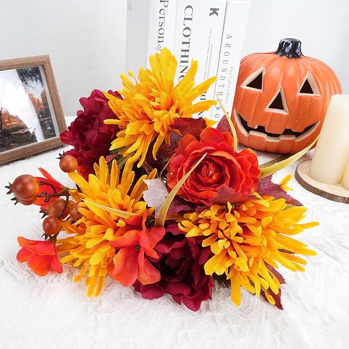 2 Bundles Artificial Fall Flowers Mixed Bush Artificial Chrysanthemum with Fake Roses Autumn Faux Flowers for Cemetery Grave Home Office Wedding Floral Arrangements Decor (19.29")