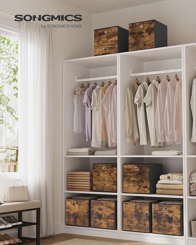 SONGMICS Storage Cubes, Set of 8 Storage Bins, Foldable Fabric Storage Boxes, 13 x 13 x 13 Inches, Fit Cube Storage Unit, for Clothes, Bedroom, Living Room, Rustic Brown and Ink Black URFB833B01