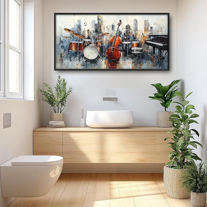 Flintis Large Music Cello Framed Wall Art Musical Piano Pictures Wall Decor Abstract Drums and Basses Canvas Painting Print Artworks Decor Framed for Living Room Bathroom Master Bedroom 60L X 30W