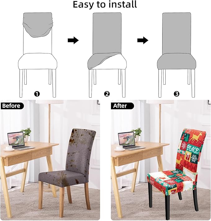 Christmas Chair Covers for Dining Chairs, Stretch Dining Covers, Dining Room Chair Covers Set of 4/6, Removable Washable Dining Chair Slipcovers for Home Hotel Banquet Holiday Decoration (1, 6pcs)