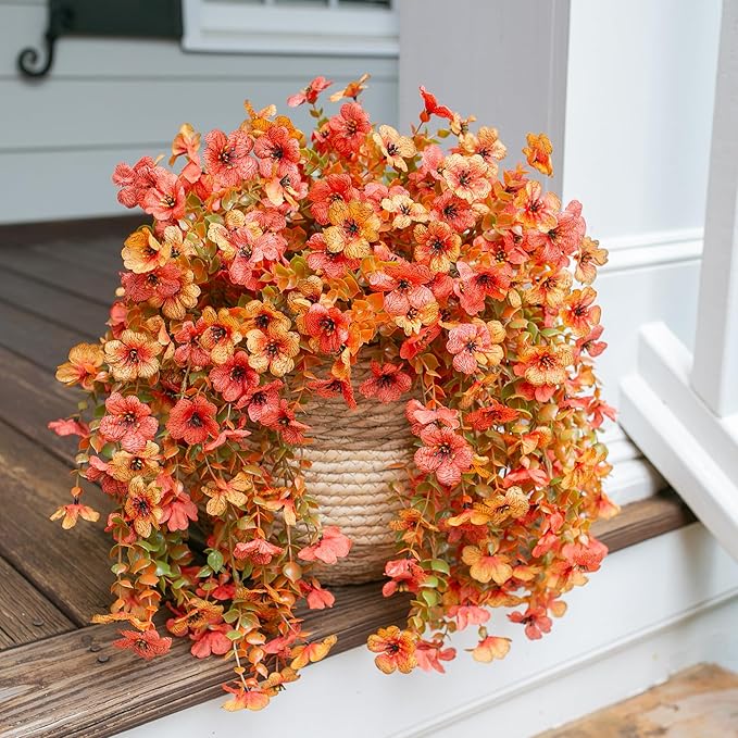 Artificial Flowers for Outdoors Fall Decoration, 2Pcs Fall Orange Yellow Hanging Flowers with Autumn Eucalyptus Leaves Faux Silk Flower Decor for Home Porch Patio Balcony Planter Yard