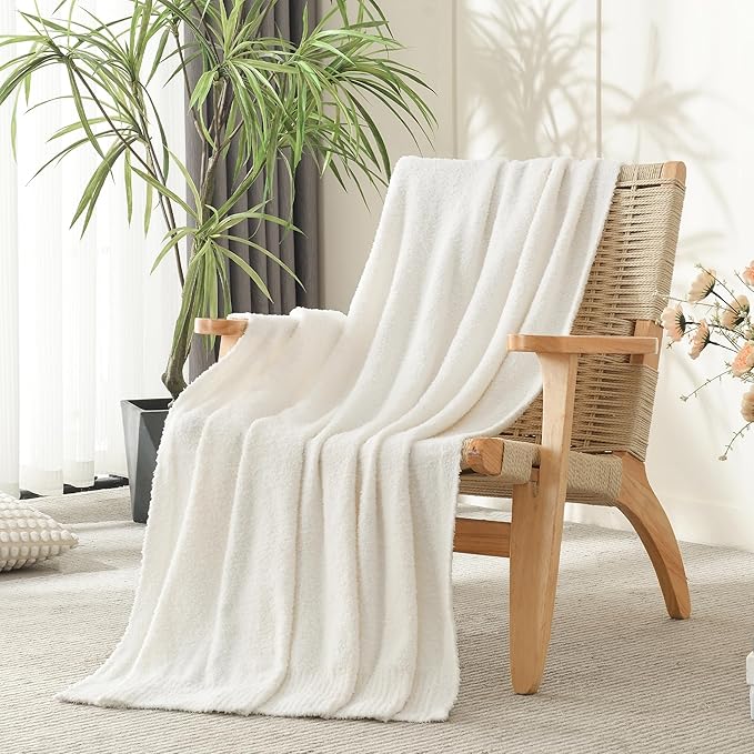Knit Throw Blanket Super Soft Warm Blanket for Couch Lightweight Fluffy Blanket for Bed Sofa 50x60 Inches Cream
