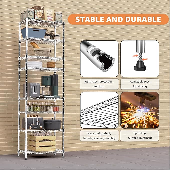 8 Tier 2000 lbs Storage Rack Metal Wire Shelving Unit, Storage Standing Shelf Organizer for Laundry Bathroom Kitchen Pantry Closet Garage Utility Room, Chrome 13.8" D x 23.6" W x 79.5" H