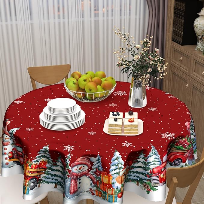 Kawani Christmas 60 Inch Round Tablecloth Red Snowman Round Table Cloth Decor for Home Xmas Truck Decorative Dining Table Cover for Winter Holiday Farmhouse Party Picnic Decor