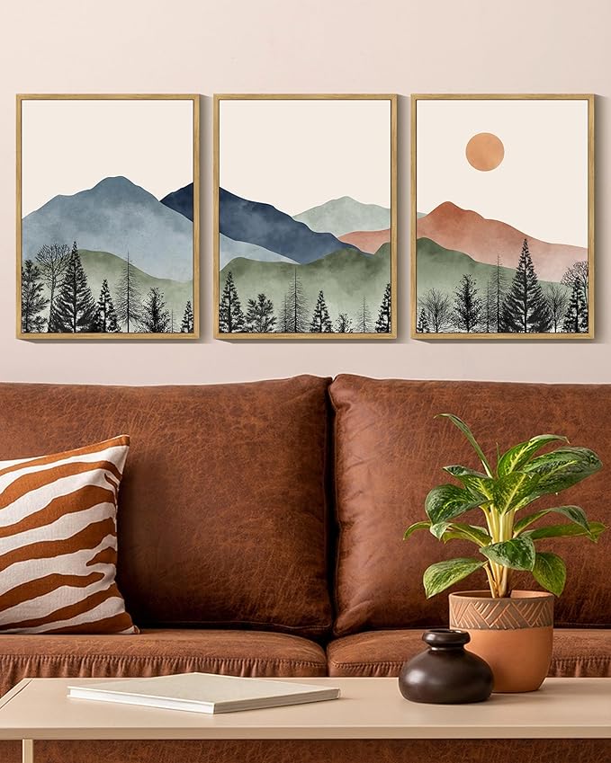 KUVIOKE Mountain Landscape Framed Wall Decor Boho Sun Rise Watercolor Nature Art Prints Farmhouse Rustic Bedroom Dining Living Room Decor 12x16in (Natural Framed)