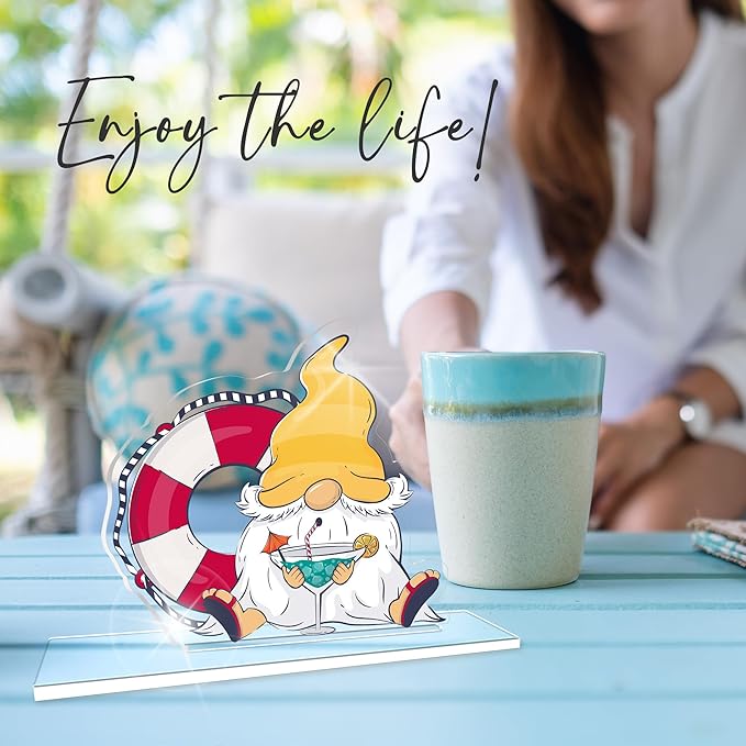 Hello Summer Acrylic Sign - Beach Gnomes Summer Acrylic Plaque - Seasonal Welcome Tabletop Decoration Sign Favors For Friends Family - Home Desk Office Shelf Supplies & Decor-A04