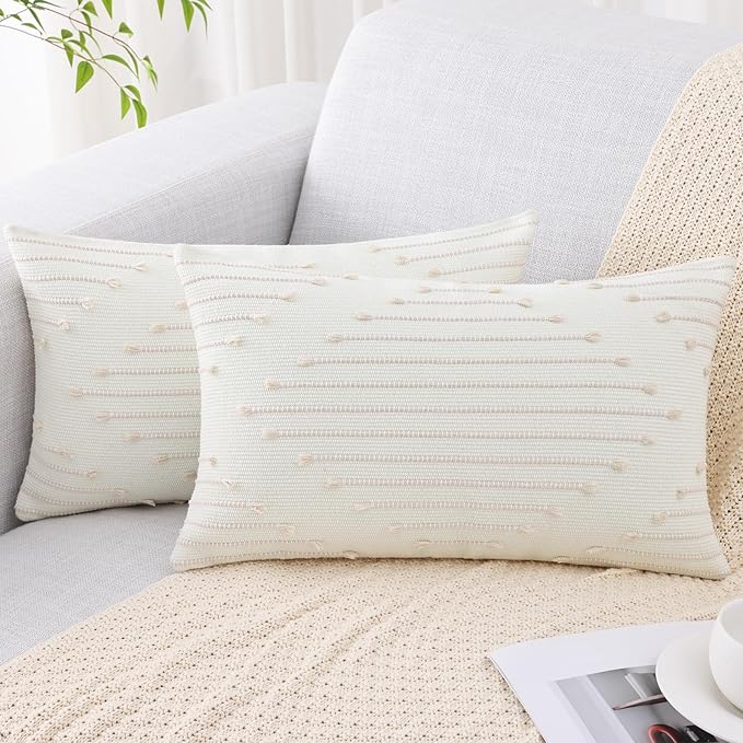 Mecatny Boho Outdoor Throw Pillow Covers 12X20 Set of 2, Farmhouse Lumbar Pillow Covers for Couch Sofa Living Room, Beige & Cream White