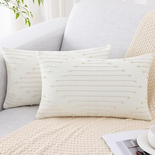 Mecatny Boho Outdoor Throw Pillow Covers 12X20 Set of 2, Farmhouse Lumbar Pillow Covers for Couch Sofa Living Room, Beige & Cream White