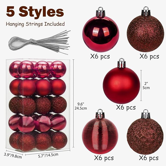 30PCS 2" Christmas Ball Ornaments Shatterproof Burgundy Christmas Tree Decorations Xmas Tree Balls Halloween Ornaments Décor
