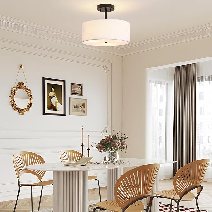 3-Light Semi Flush Mount Ceiling Light Modern Black Drum Light Fixtures with White Fabric Cover Shade Round Chandelier for Bedroom Living Room Kitchen and Hallway