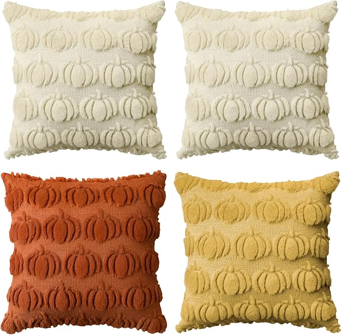 AVOIN colorlife Fall Pumpkin Beige Caramel Ginger Throw Pillow Covers, 18 x 18 Inch Seasonal Autumn Thanksgiving Harvest Soft Plush Faux Fur Jacquard Cushion Case Decoration for Sofa Set of 4