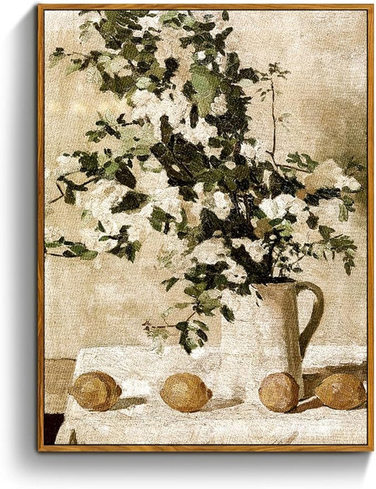 crmotu Vintage Framed Wall Art, Still Life Floral Kitchen Decorations Painting, Lemons and Flowers Canvas Botanical Prints, Retro Wall Pictures for Bedroom Bathroom Farmhouse Office Desktop 12x16in