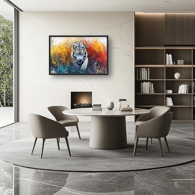 Extra Large Framed Abstract White Tiger Wall Art,Oversized Colorful Cool Tiger Wall Decor,Wild Animal Pictures for Living Room,Canvas Print Painting Modern Artwork Bedroom Office Bathroom 36L x24W