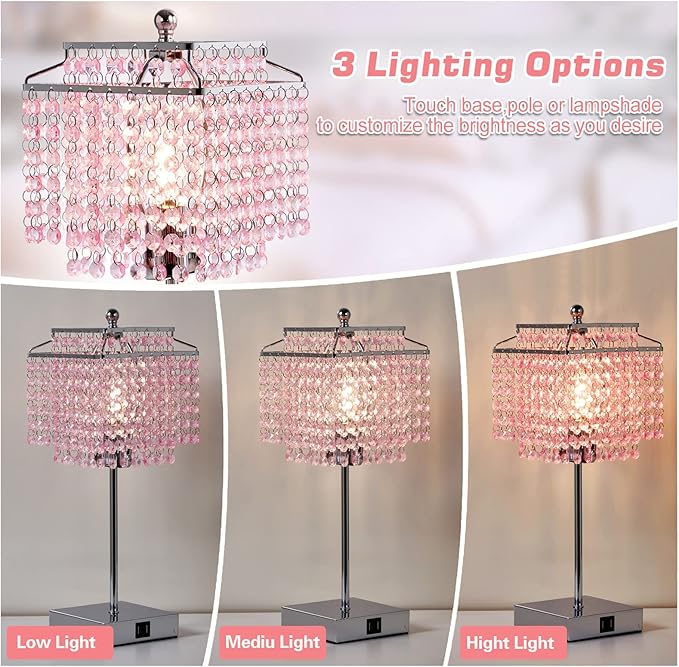 Luvkczc Crystal Touch Table Lamp, Bedside Lamp with USB C+A Ports, Pink Lamp, 3-Way Dimmable Lamp with Crystal Shade, Nightstand Lamp for Girl Bedroom, Living Room, Bulb Included