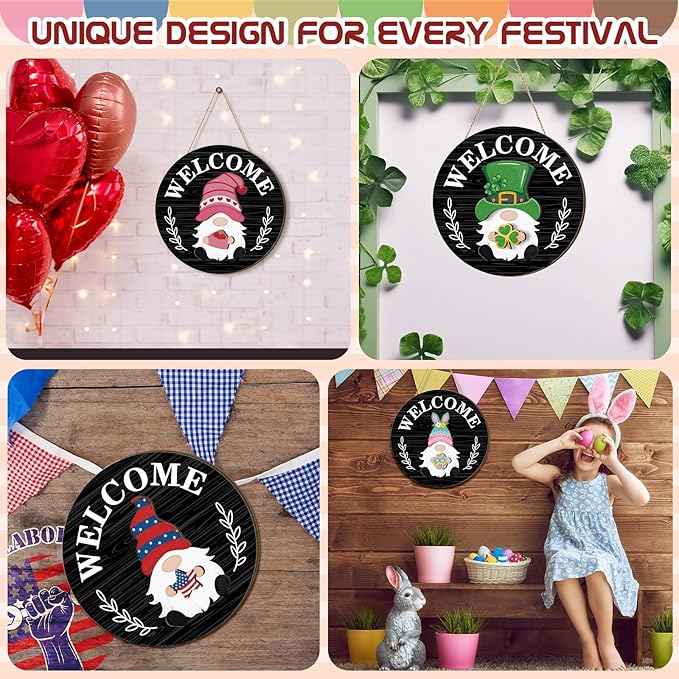 Qunclay Interchangeable Wooden Gnome Decor Holiday Seasonal Gnome Decorations with Magnet Pieces and Detachable Hats Changeable Welcome Sign for Home(Black Style)