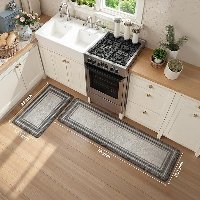 KIMODE Anti Fatigue Kitchen Mats,Non Slip Farmhouse Kitchen Rugs Sets of 2,17"x59"+17"x29" Waterproof Kitchen Mat for Floor,Cushioned Standing Mat for Office,Laundry,Sink,Desk,Grey
