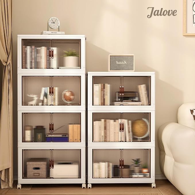 Jalove 88QT Plastic Storage Bins with lids, Stackable Collapsible Storage Containers with Wheels, Closet Organizer and Storage Drawers, Clothes Storage Cabinet for Home Office Garage, 3 Pack White