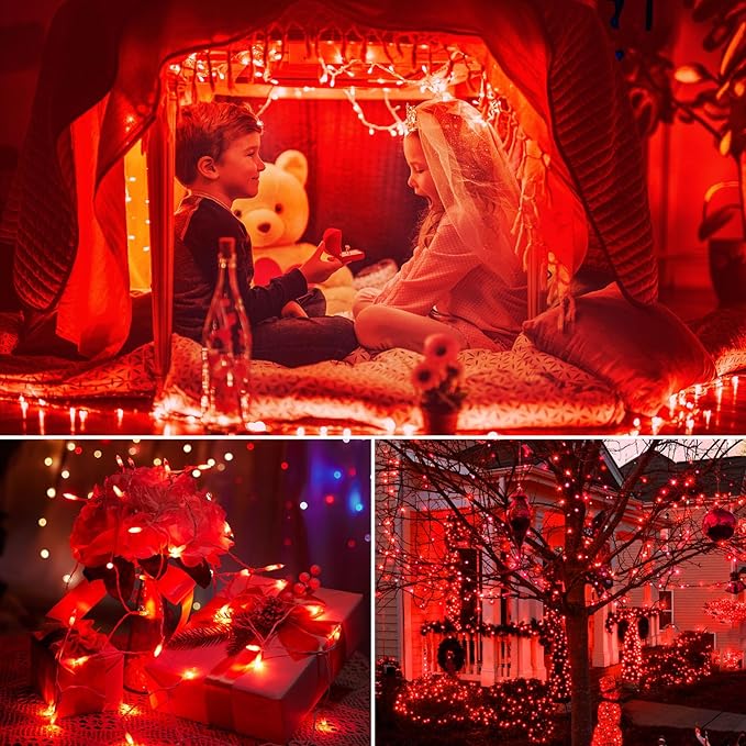 Red String Lights Battery Operated, 4 Pack 8 Feet 20 LED String Lights with 8 Modes Waterproof Tree Lights for Outdoor Indoor Holiday Party Garden Tree Decorations