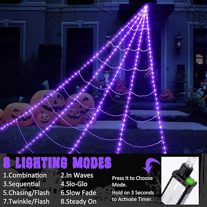 inst Spider Webs Halloween Decorations Outdoor 290LED Halloween Spider Web Lights Decoration with 78.7'' Large Spider & 3.53oz Stretch Cobweb 23Ft Giant Lighted Web with 8 Modes (Purple)