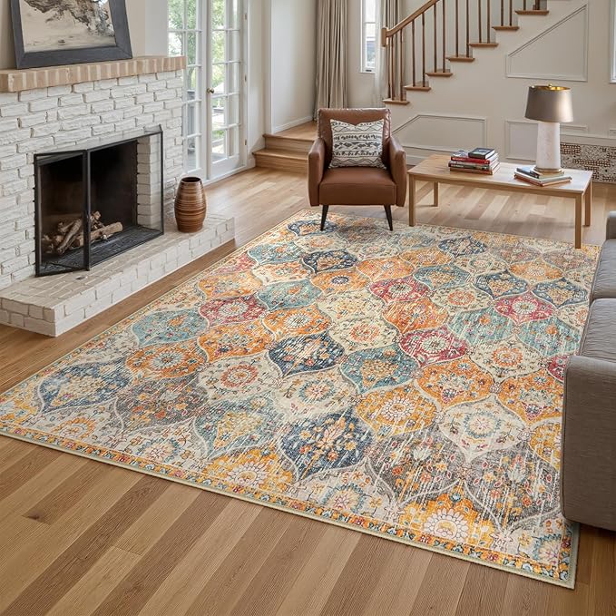 Lahome Moroccan 6x9 Rugs for Living Room, Soft Washable 6x9 Area Rug for Bedroom, Ultra-Thin Oriental Trellis Distressed Non Shedding Throw Large Carpet for Dining Room Office, Cream/Multi