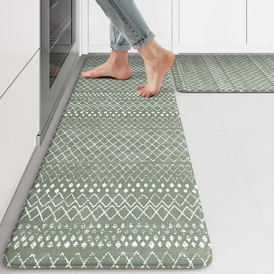 KIMODE Kitchen Mats for Floor Anti Fatigue, Green Boho Kitchen Rugs Sets of 2, Cushioned Kitchen Floor Mats, Comfort Standing Mat for Sink Laundry Office Desk 17"x47"+17"x29"