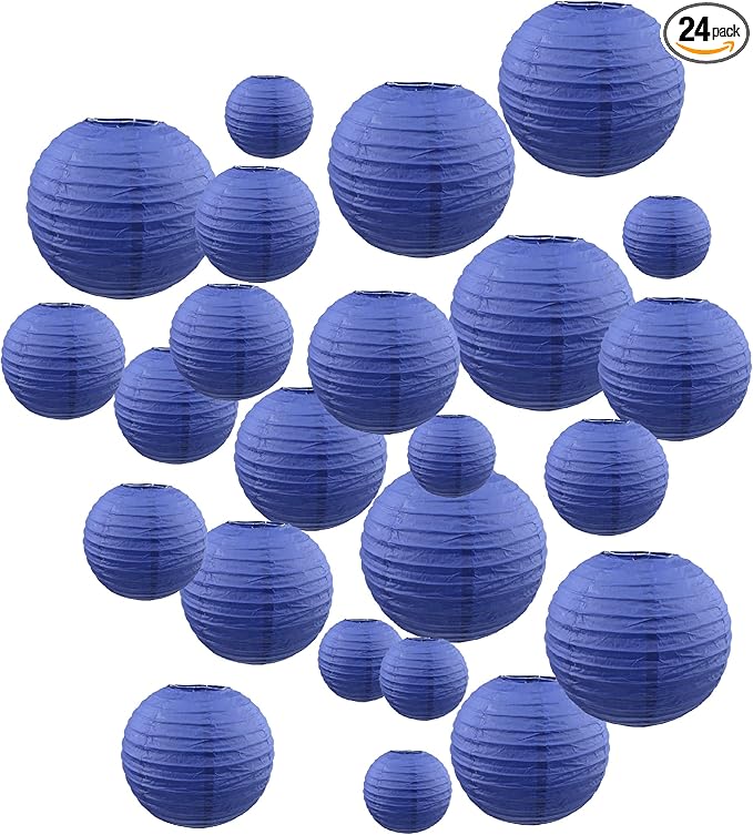 Handmade Decorative Chinese Japanese Hanging Paper Lanterns 24pcs Assorted Sizes 6", 8", 10", 12" Mixture Colors Decoration for Home, Weddings and Parties Lanterns (All Blue)