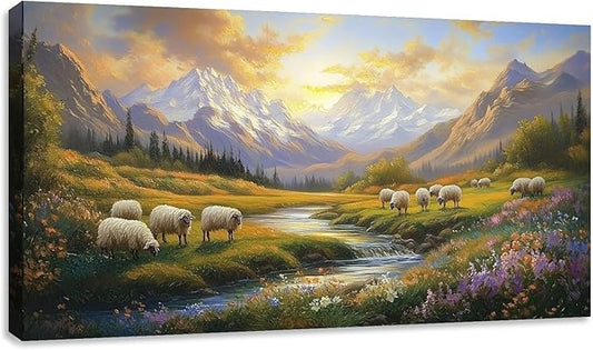 Kuiluuye Large Mountains Rivers Wall Art Wildflowers Rural Landscape Wall Art Painting Pictures Canvas Art Prints Countryside Wall Decor for Bedroom Farmhouse Living Room 60L x 30W