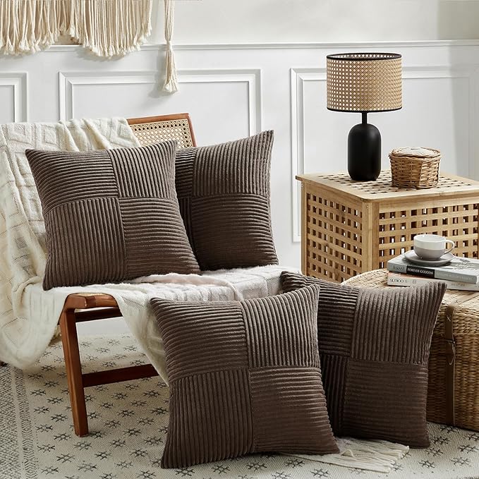 Fancy Homi 4 Packs Dark Brown Decorative Throw Pillow Covers 20x20 Inch for Living Room Couch Bed Sofa, Rustic Farmhouse Boho Home Decor, Soft Cross Corduroy Patchwork Accent Cushion Case 50x50 cm