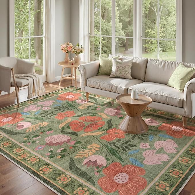 Beeiva 8x10 Washable Rug, Soft Floral Green Rugs for Living Room Indoor, Large Soft Low Pile Flower Carpet for Playroom Kids Dining Room Clasroom Dorm Décor (Green,8'x10')