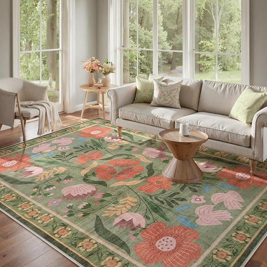 Beeiva 8x10 Washable Rug, Soft Floral Green Rugs for Living Room Indoor, Large Soft Low Pile Flower Carpet for Playroom Kids Dining Room Clasroom Dorm Décor (Green,8'x10')