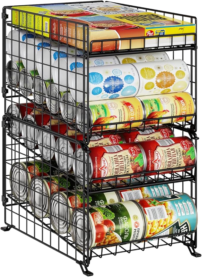 JKsmart 2 Pack 2 Tier Stackable Can Organizer for Pantry, Can Rack Holder for Kitchen Pantry Cabinet, 16inch Depth Can Dispenser for Various Ounces of Canned Food Soda Drinks, Black
