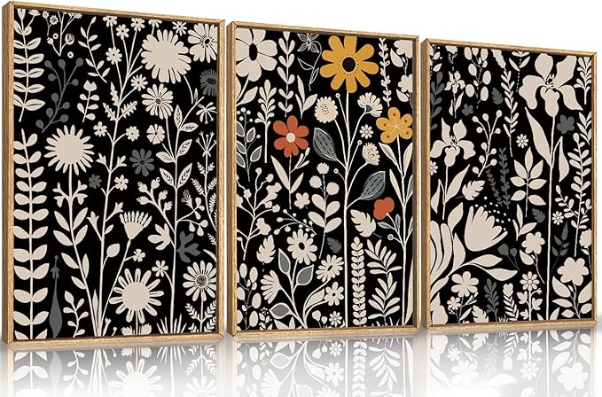 HOURIA Large Moody Boho Floral Framed Canvas Wall Art Set,Mid Century Black Flower Leaf Wall Decor,Retro Dark Wildflower Artwork,Minimalist Botanical Art Print for Living Room,Bedroom,Office-16"x24"x3