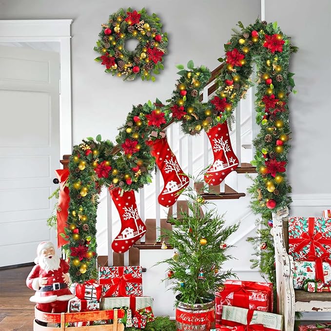 WANNA-CUL Pre-lit 6 Feet Christmas Garland with Lights for Front Door, Red Gold Ligthed Christmas Mantel Garland Decoration with Ball Ornaments,Dry Lotus, Battery Operated 30 LED