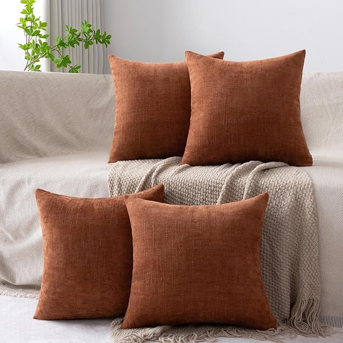 Set of 4 Soft Textured Decorative Throw Pillow Covers 22x22 Inch Cozy Farmhouse Cushion Cover Square Accent Pillow Cases for Bed Couch Sofa Living Room, Rust