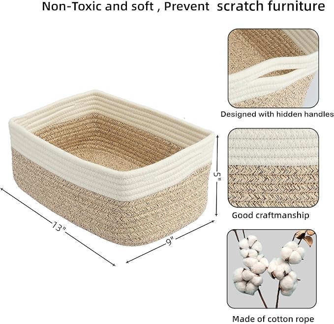 Small Woven Storage Baskets 13“X9”X5“ Decorative Rope Bins for Organizing Shelves, Closets, and Toys, Empty Gift Baskets, Cute Organizer Basket for Home and Office (white and brown, Large)