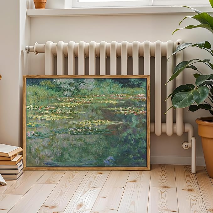 Framed Claude Monet Wall Art – Vintage Water Lilies Pond Painting Wall Decor, Impressionist Living Room Wall Art, Classic Aesthetic Canvas Prints for Bedroom Kitchen Bathroom – 24"x16"