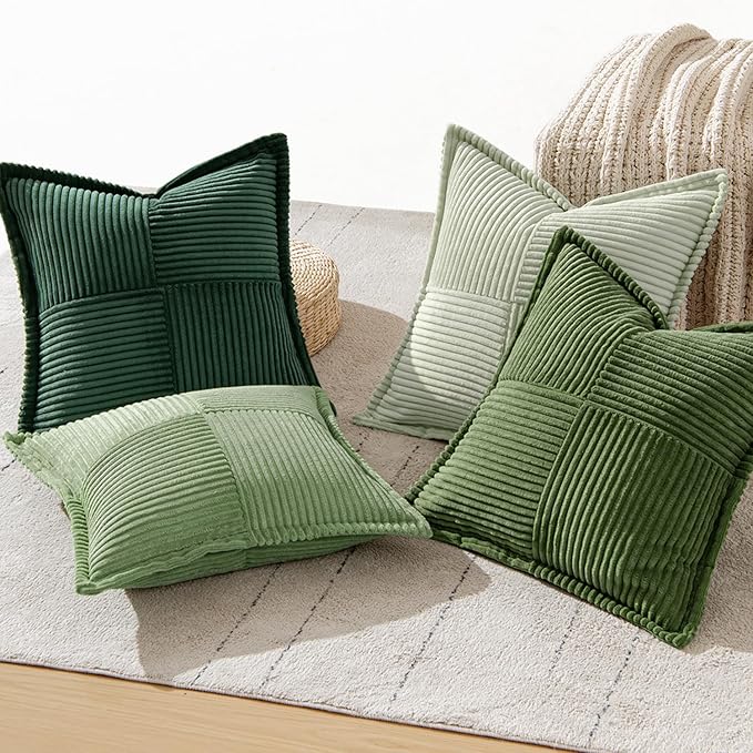 MIULEE Christmas Green Decorative Throw Pillow Covers 20x20 Inch 4 Packs Soft Boho Farmhouse Pillow Cases Mordern Corduroy Patchwork Cushion Cases for Couch Sofa Bed Gradient Home Decor