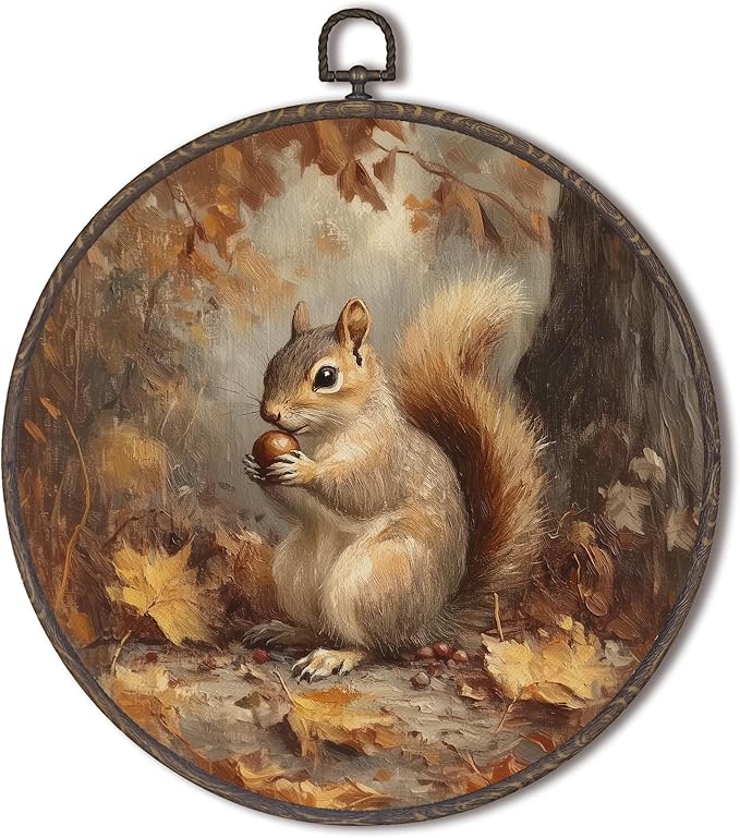 XNXLDYLH Vintage Fall Squirrel Round Framed Wall Art Decor, Rustic Farmhouse Woodland Hanging Wall Decor Decorations, Autumn Fall Canvas Prints Wall Art Paintings for Bedroom Living Room, 10x10 Inch