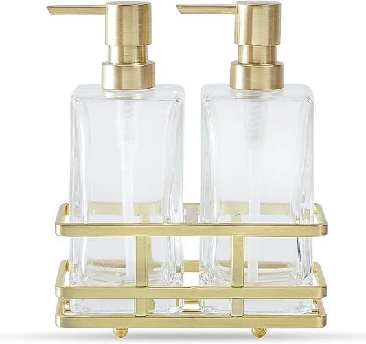 Square Glass Clear Lotion and Soap Pump Dispenser Set with Metal Stand Caddy for Bathroom Bath Kitchen Home Office Travel Hotel Hand Crafted Heavy Weight Brushed Gold