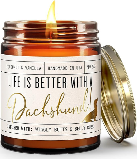 Dachshund Gifts for Women - 'Life is Better with a Dachshund' Candle, w/Vanilla, Coconut & Citrus - infused w/Essential Oils I Weiner Dog Gifts for Women I Dachshund Decor I 50Hr Burn, USA Made