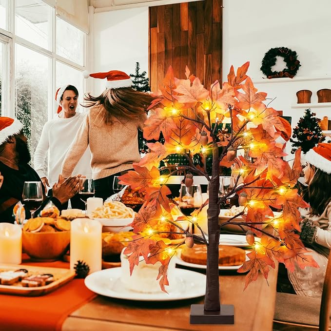 Fall Maple Leaf Table Lighted Tree - Thanksgiving Decorations 1 Pack Home Decor with 24 LED Lights for Indoor Outdoor Room Decoration Artificial Harvest Autumn Trees Battery Operated for Home Party