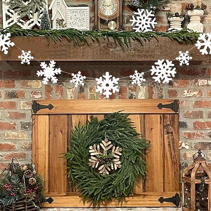 Christmas Decorations-Wooden Small & Big Snowflake Banner for Christmas Decor-Winter White Snowflake Garland for Home Office Party Fireplace Mantle Windows Shelf Farmhouse Decor