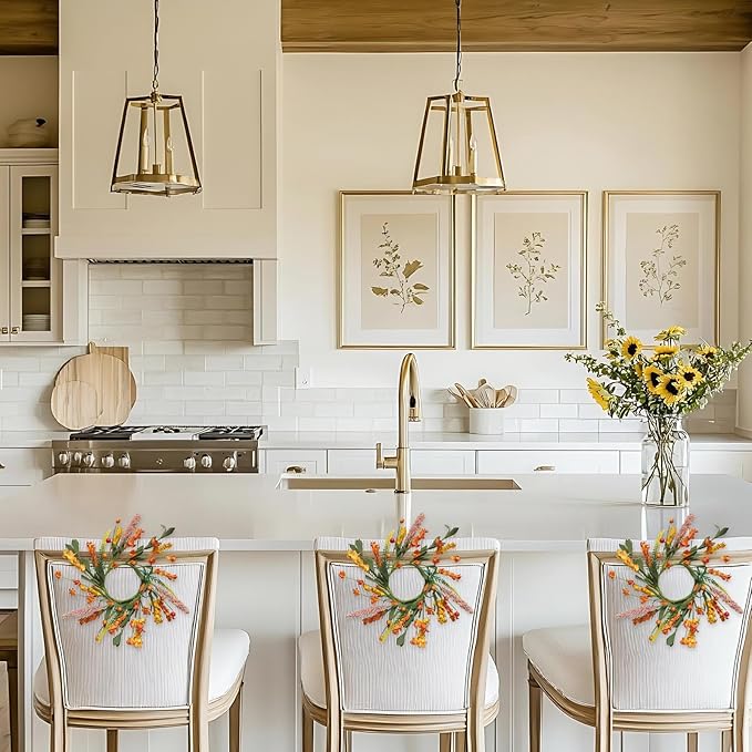 6pcs 11” Fall Mini Forsythia Flower Mini Candle Wreath for Home Decor, Set of 6 Pcs Autumn Flower Mini Wreaths Set for Closet Kitchen Fireplace, Fall Forsythia Candle Ring