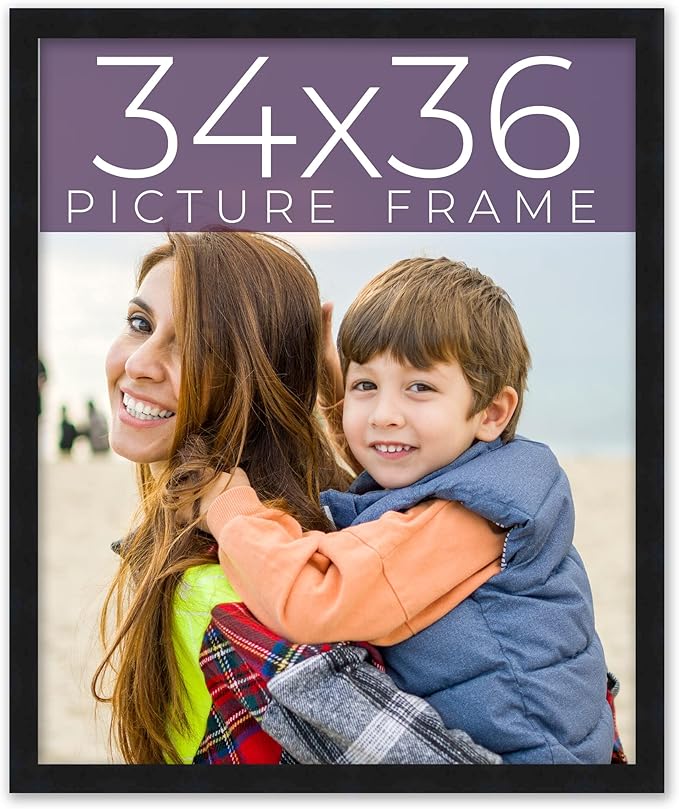 Noir Classique Mid Century Real Wood Picture Frame - 34x36 Inches, 0.75 Inch Width, 0.5 Inch Depth, UV Acrylic, Foam Board Backing & Hanging Hardware