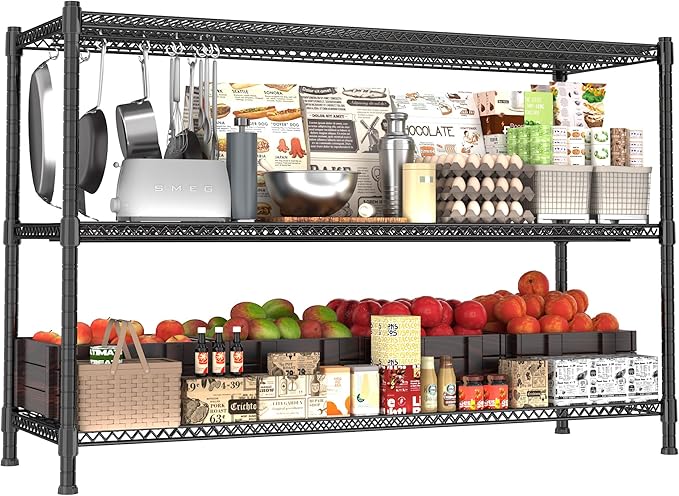 Heavy Duty Shelving, 47.6" H Garage Shelving Unit with Leveling Feet, 3-Tier Adjustable Garage Storage Shelves Metal Rack, Industrial Shelving for Warehaouse Storage, 60" W x 24" D x 47.6" H, Black