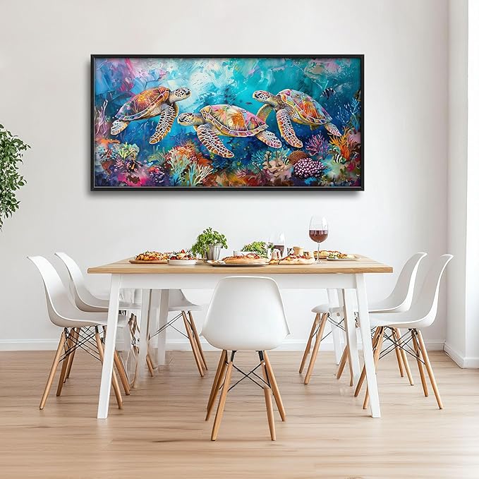 Sea Turtle Large Framed Wall Art Coastal Ocean Nautical Pictures Oversized Colorful Undersea Wall Decor Coral Reef Canvas Print Painting Aesthetic Modern Artwork for Living Room Bedroom Office Bathroom Home Decor 60L"x30W"